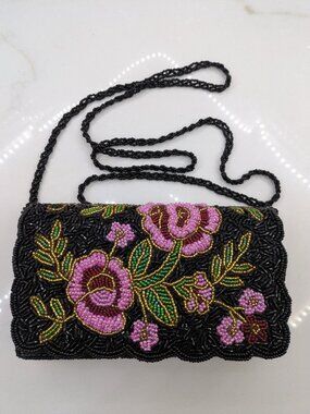 VTG Black Pink Rose Glass Beaded Floral Evening Cocktail Glam Bag Braided Strap
